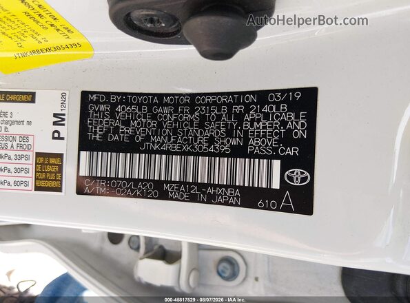 JTNK4RBEXK3054395 2019 TOYOTA COROLLA White Вид підкапотного простору