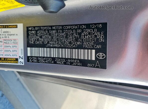 JTNKHMBX1K1032547 2019 TOYOTA C-HR Silver Widok naklejki z numerem VIN