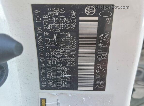 JTNKHMBX1L1063377 2020 TOYOTA C-HR White Widok naklejki z numerem VIN