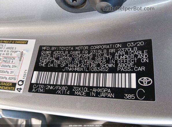 JTNKHMBX1L1083452 2020 TOYOTA C-HR Silver Vista del compartimento del motor