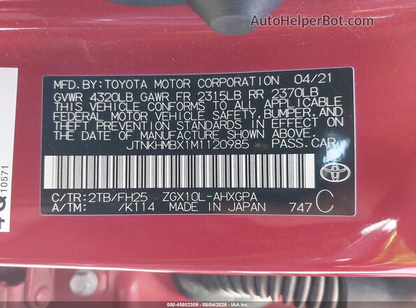 JTNKHMBX1M1120985 2021 TOYOTA C-HR Красный Вид подкапотного пространства