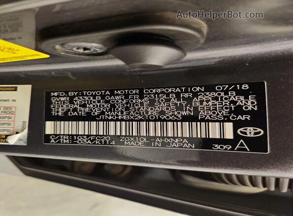 JTNKHMBX2K1019063 2019 TOYOTA C-HR Gray Widok naklejki z numerem VIN