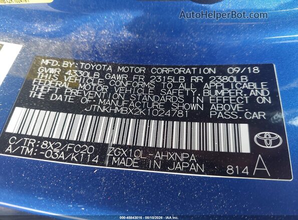 JTNKHMBX2K1024781 2019 TOYOTA C-HR Blue Vista del compartimento del motor