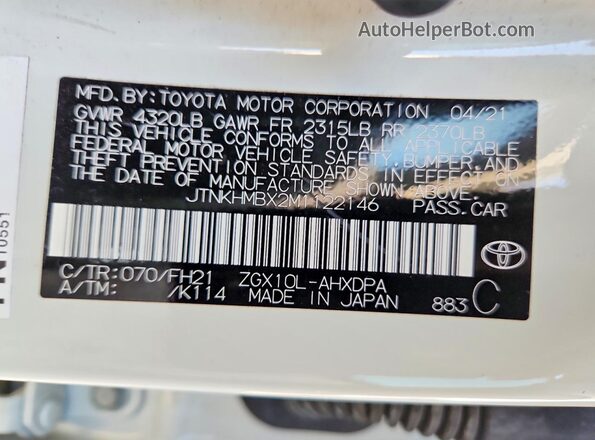 JTNKHMBX2M1122146 2021 TOYOTA C-HR White VIN sticker view