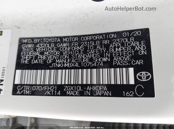 JTNKHMBX4L1075474 2020 TOYOTA C-HR Белый Вид подкапотного пространства
