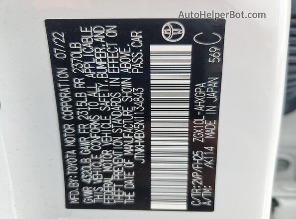 JTNKHMBX5N1134843 2022 TOYOTA C-HR White Widok naklejki z numerem VIN