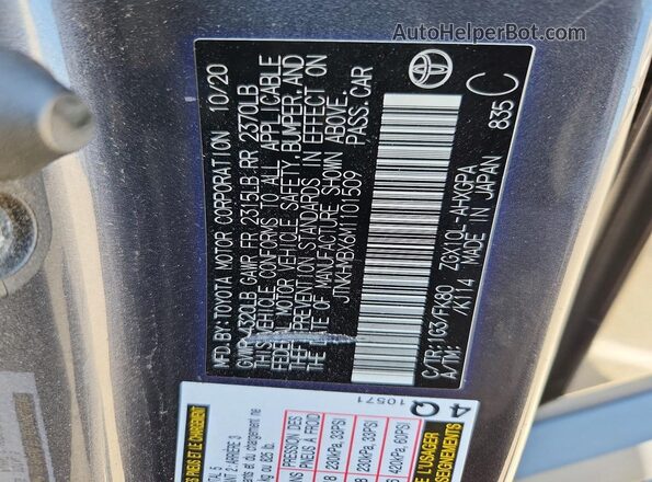 JTNKHMBX6M1101509 2021 TOYOTA C-HR Gray VIN sticker view