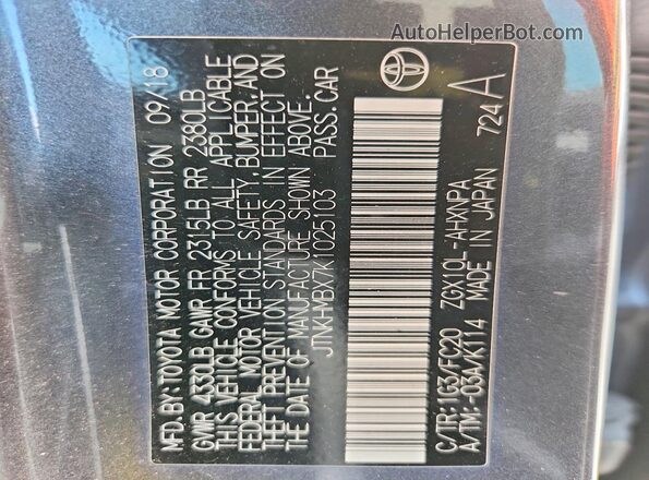 JTNKHMBX7K1025103 2019 TOYOTA C-HR Gray VIN sticker view