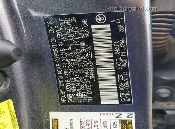 JTNKHMBX8K1022467 2019 TOYOTA C-HR Gray VIN sticker view