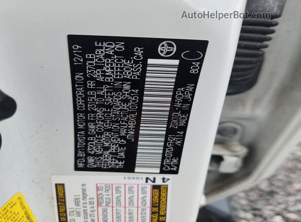 JTNKHMBX9L1070514 2020 TOYOTA C-HR White Widok wnętrza 360 stopni
