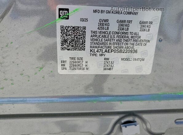 KL47LAEP0SB220936 2025 BUICK OTHER Gray VIN կոդի պիտակի տեսք