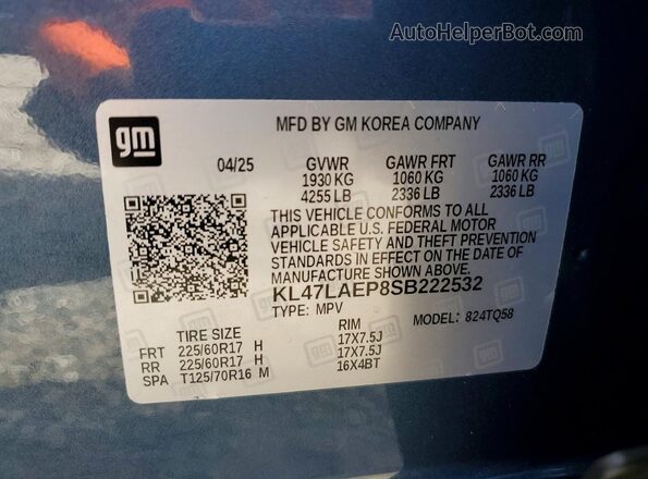 KL47LAEP8SB222532 2025 BUICK OTHER Blue VIN կոդի պիտակի տեսք