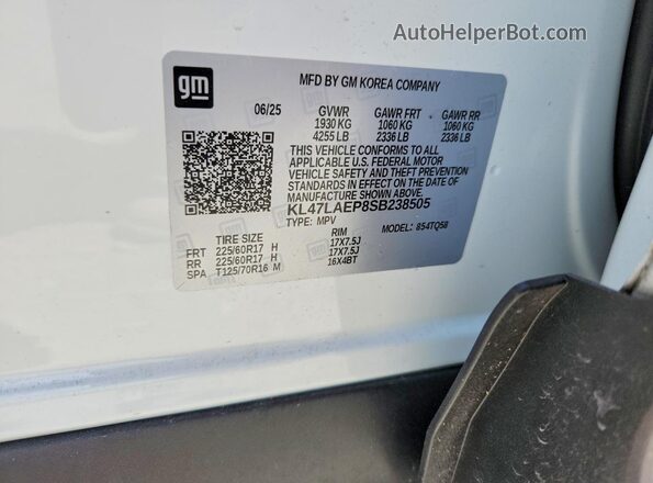 KL47LAEP8SB238505 2025 BUICK OTHER White VIN კოდის სტიკერის ხედი