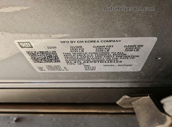 KL47LAEP9TB116124 2026 BUICK OTHER Gray Vista de la etiqueta del VIN