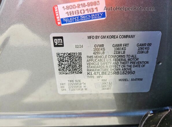 KL47LBE25RB182950 2024 BUICK OTHER Gray Vista de la etiqueta del VIN