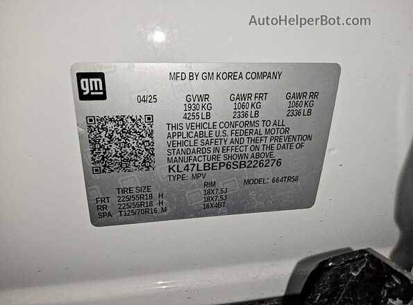 KL47LBEP6SB226276 2025 BUICK OTHER White Vista de la etiqueta del VIN