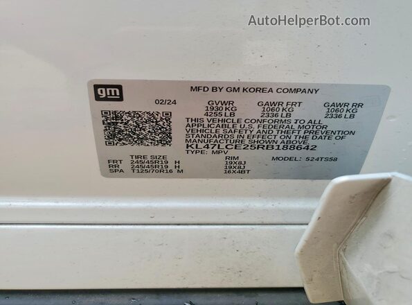 KL47LCE25RB188642 2024 BUICK OTHER White VIN կոդի պիտակի տեսք