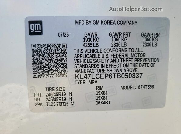 KL47LCEP6TB050837 2026 BUICK OTHER White VIN կոդի պիտակի տեսք