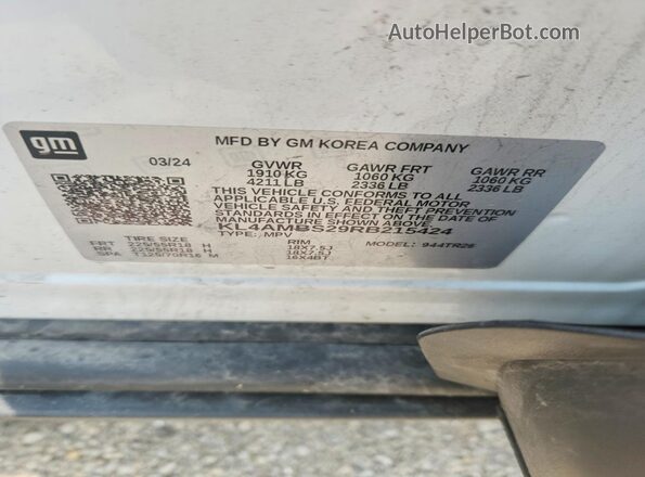 KL4AMBS29RB215424 2024 BUICK ENCORE White Вид наклейки з VIN-кодом