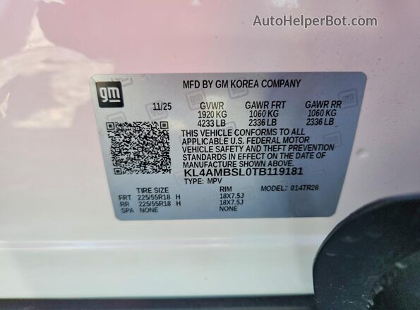 KL4AMBSL0TB119181 2026 BUICK ENCORE White VIN sticker view