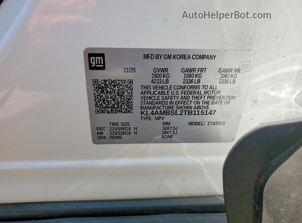 KL4AMBSL2TB115147 2026 BUICK ENCORE White VIN կոդի պիտակի տեսք