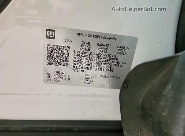 KL4AMBSL3TB104447 2026 BUICK ENCORE White Вид наклейки з VIN-кодом