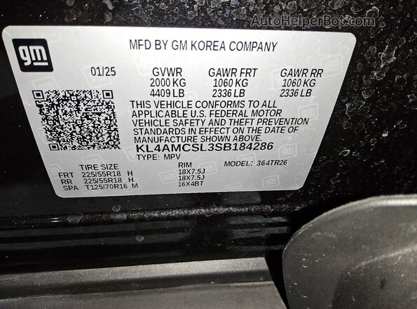 KL4AMCSL3SB184286 2025 BUICK ENCORE Черный Вид наклейки с VIN-кодом
