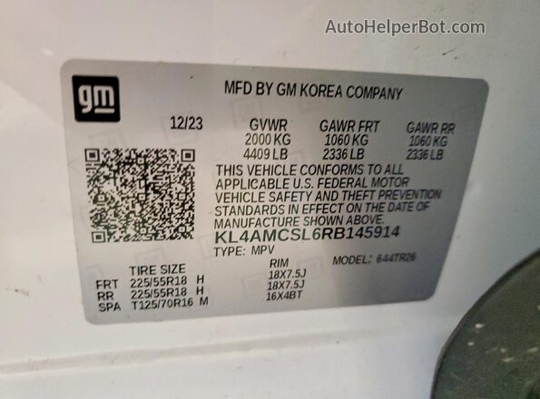 KL4AMCSL6RB145914 2024 BUICK ENCORE White Вид наклейки з VIN-кодом