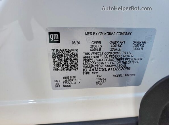 KL4AMCSL9TB262099 2026 BUICK ENCORE Белый Вид наклейки с VIN-кодом