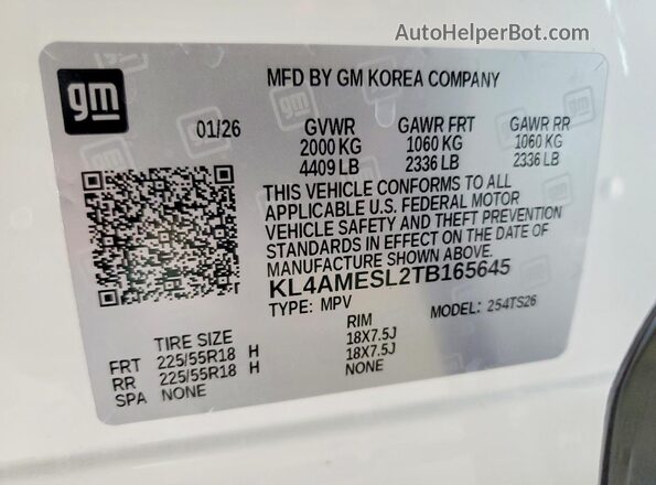 KL4AMESL2TB165645 2026 BUICK ENCORE White Vista de la etiqueta del VIN