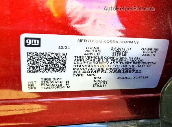 KL4AMESLXSB166721 2025 BUICK ENCORE Maroon VIN კოდის სტიკერის ხედი