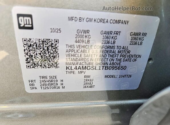 KL4AMGSL1TB095650 2026 BUICK ENCORE Silver VIN კოდის სტიკერის ხედი