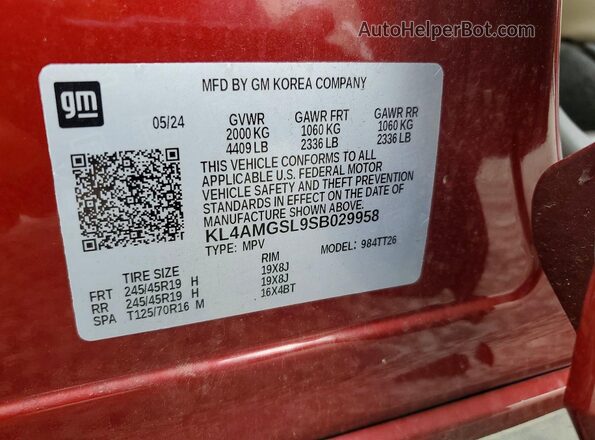 KL4AMGSL9SB029958 2025 BUICK ENCORE Maroon VIN კოდის სტიკერის ხედი