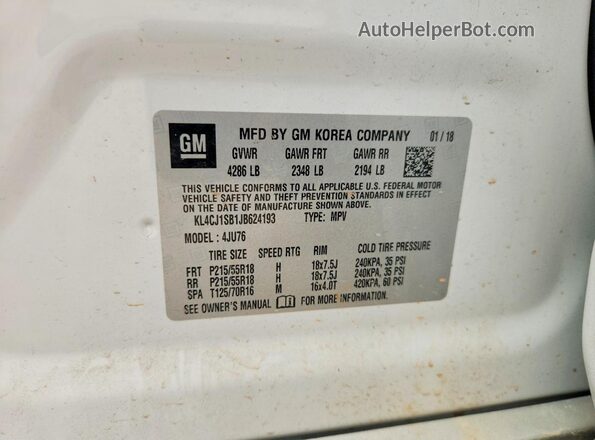 KL4CJ1SB1JB624193 2018 BUICK ENCORE White VIN კოდის სტიკერის ხედი