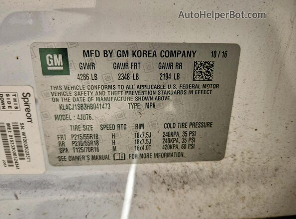 KL4CJ1SB3HB041473 2017 BUICK ENCORE White Вид наклейки з VIN-кодом