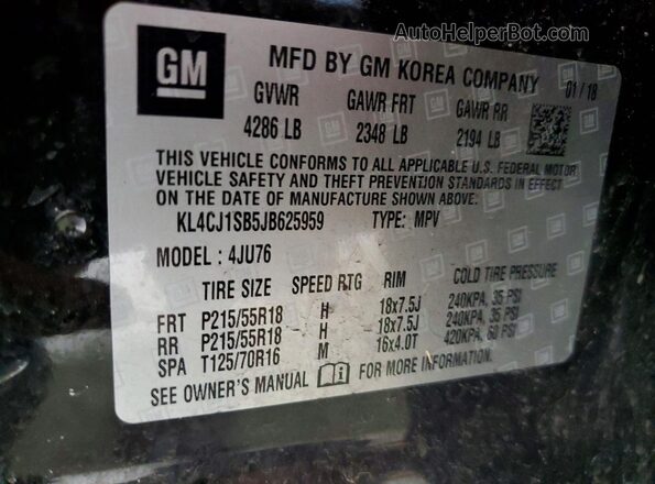 KL4CJ1SB5JB625959 2018 BUICK ENCORE Black Вид наклейки з VIN-кодом
