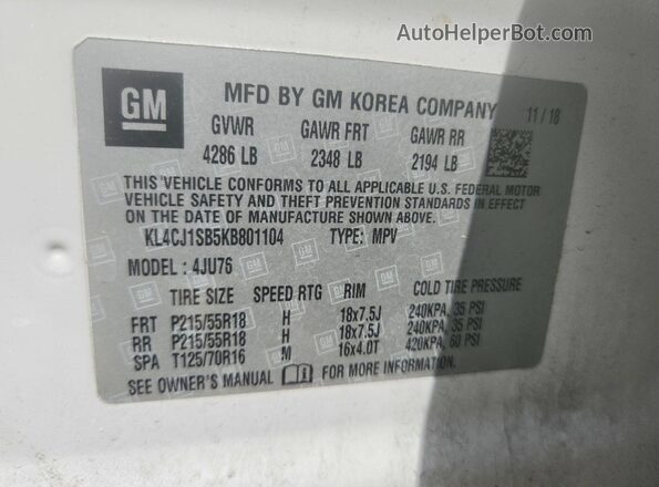 KL4CJ1SB5KB801104 2019 BUICK ENCORE White VIN կոդի պիտակի տեսք