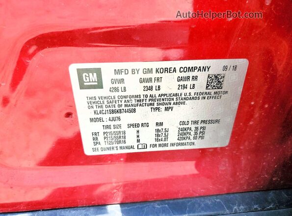 KL4CJ1SB6KB744508 2019 BUICK ENCORE Red VIN կոդի պիտակի տեսք