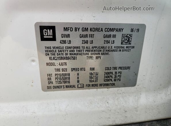 KL4CJ1SB6KB947561 2019 BUICK ENCORE White VIN sticker view
