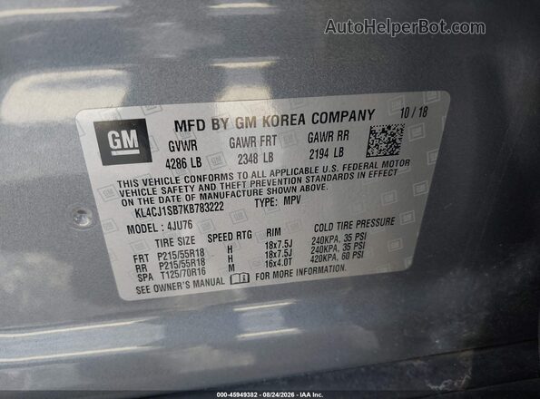 KL4CJ1SB7KB783222 2019 BUICK ENCORE Gray Engine compartment view