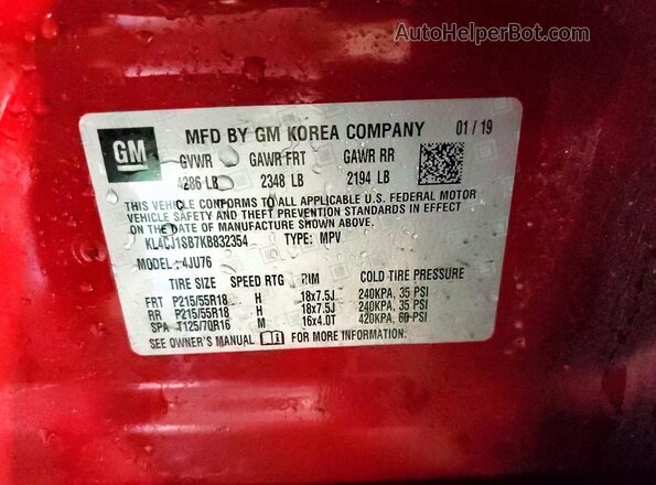 KL4CJ1SB7KB832354 2019 BUICK ENCORE Red VIN კოდის სტიკერის ხედი