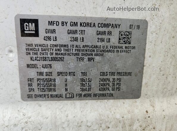 KL4CJ1SB7LB005262 2020 BUICK ENCORE White Widok naklejki z numerem VIN