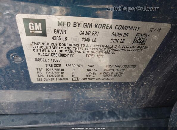 KL4CJ1SB8KB824182 2019 BUICK ENCORE Blue Շարժիչի բաժամունքի տեսք