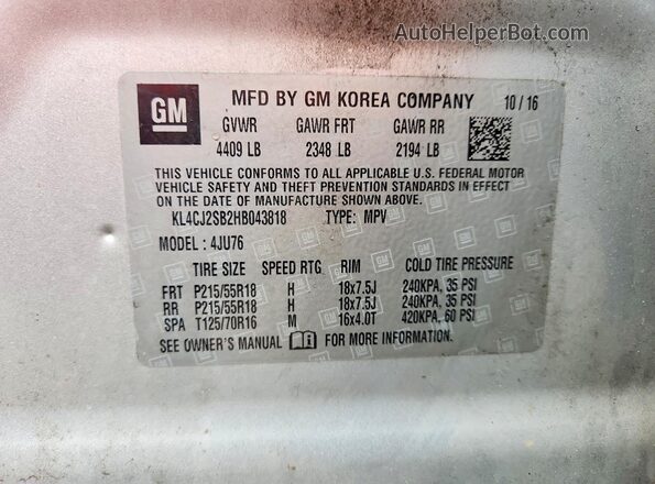 KL4CJ2SB2HB043818 2017 BUICK ENCORE Silver Engine compartment view