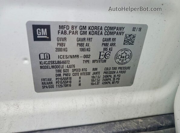 KL4CJ2SB3JB646072 2018 BUICK ENCORE White Vista de la etiqueta del VIN