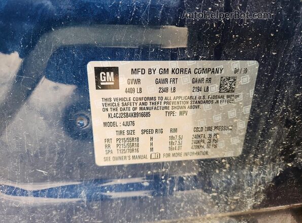 KL4CJ2SB4KB916685 2019 BUICK ENCORE Blue VIN კოდის სტიკერის ხედი