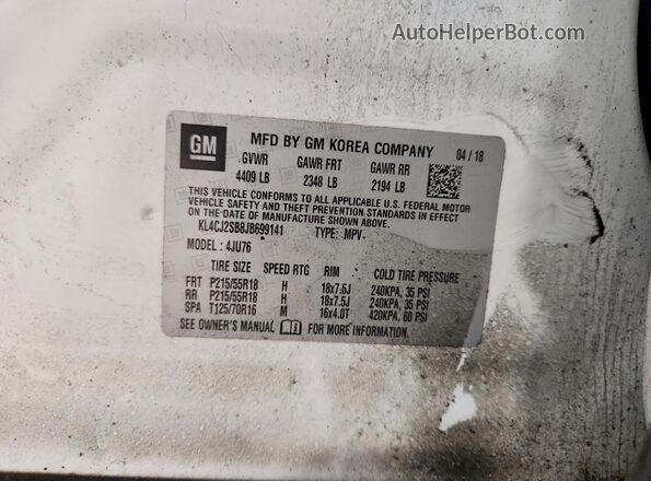 KL4CJ2SB8JB699141 2018 BUICK ENCORE White Вид наклейки з VIN-кодом