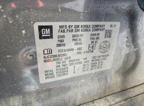 KL4CJ2SB8LB033951 2020 BUICK ENCORE Gray VIN კოდის სტიკერის ხედი