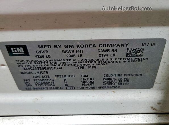 KL4CJASB0GB554338 2016 BUICK ENCORE White VIN sticker view