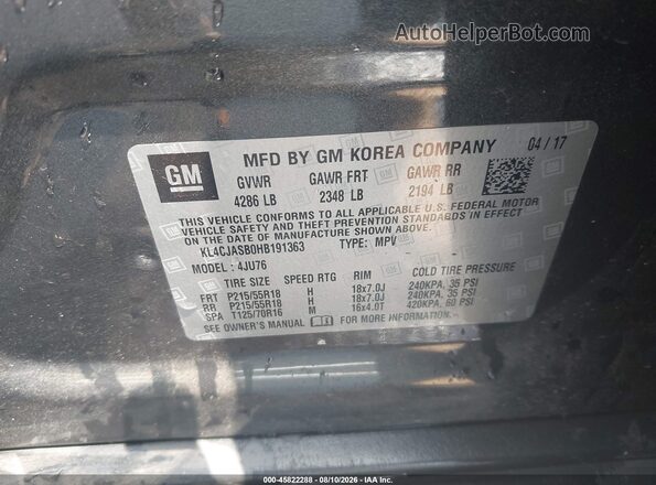 KL4CJASB0HB191363 2017 BUICK ENCORE Gray ძრავის განყოფილების ხედი